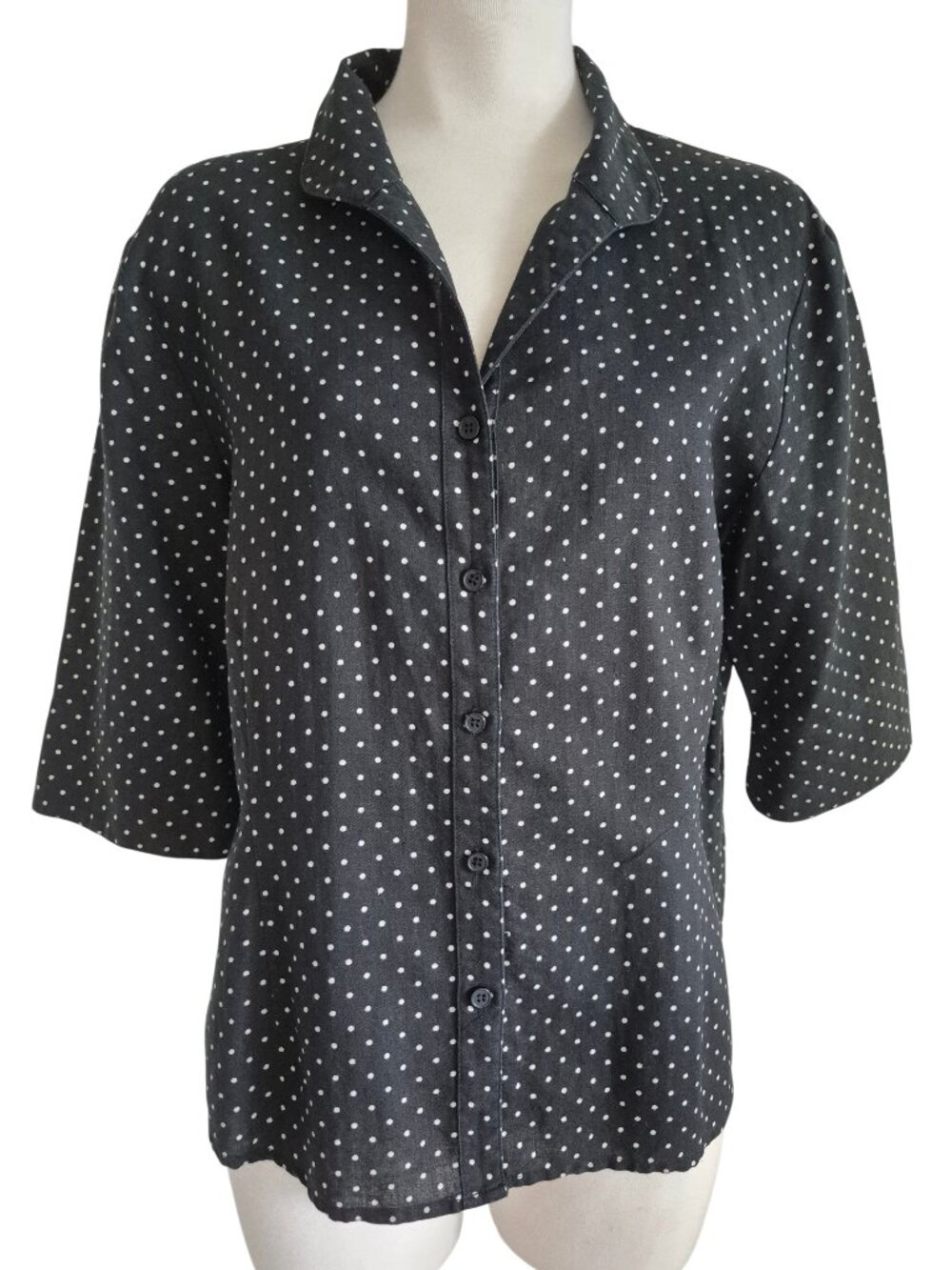 ISHYU 100% Linen Black and White Polka Dot Button Down Blouse Size L